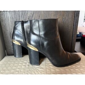 Black Ankle Boots Gold Block Heel Square Toe Side Zip‎ Womens Shoes Size 40